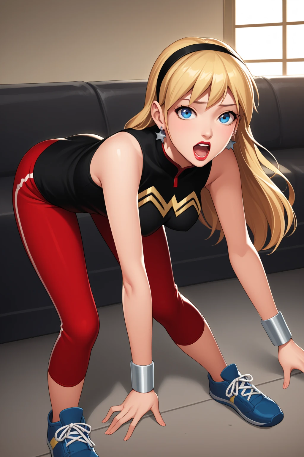 source_cartoon, source_anime, score_9, score_8_up, score_7_up, ((zPDXL2)), close, cowboy shot BREAK  1girl, solo, blonde hair, long hair, blue eyes, earrings, star (symbol), hairband, sleeveless, red pants, shoes, lipstick, flirting with viewer, leaning forward, moaning, groping her own breasts through her clothes, indoors