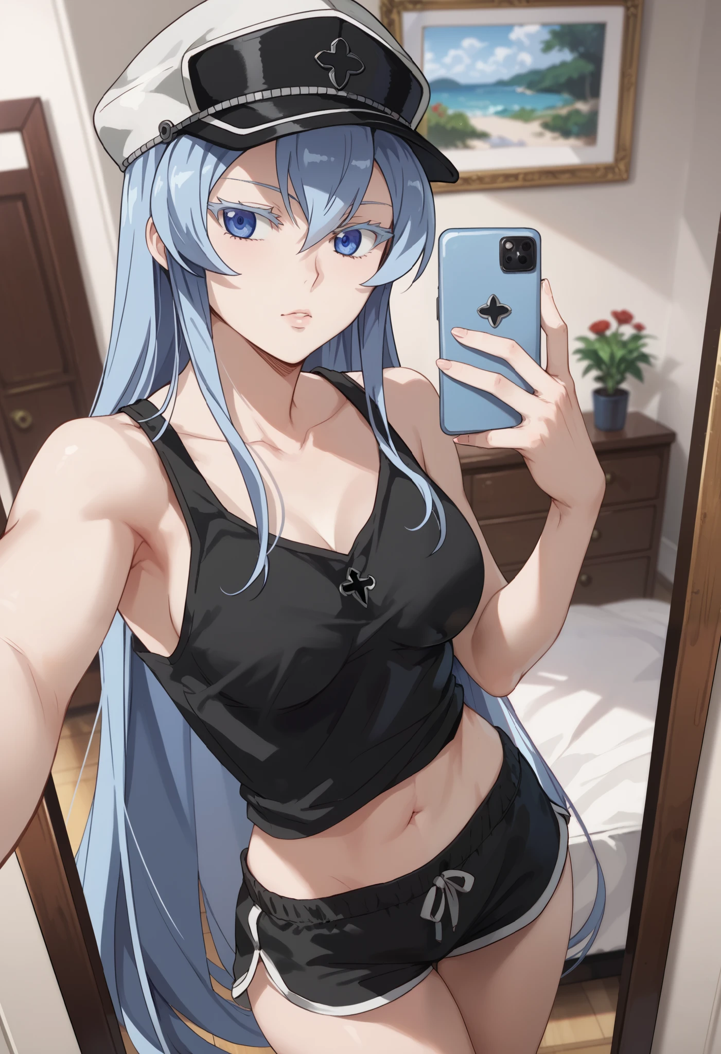 esdeath, 1girl, blue eyes, light blue hair, long hair, eyelashes, solo, black tank top, indoors ,medium breast, dolphin shorts, anime, mirror selfie, holding phone, hat
