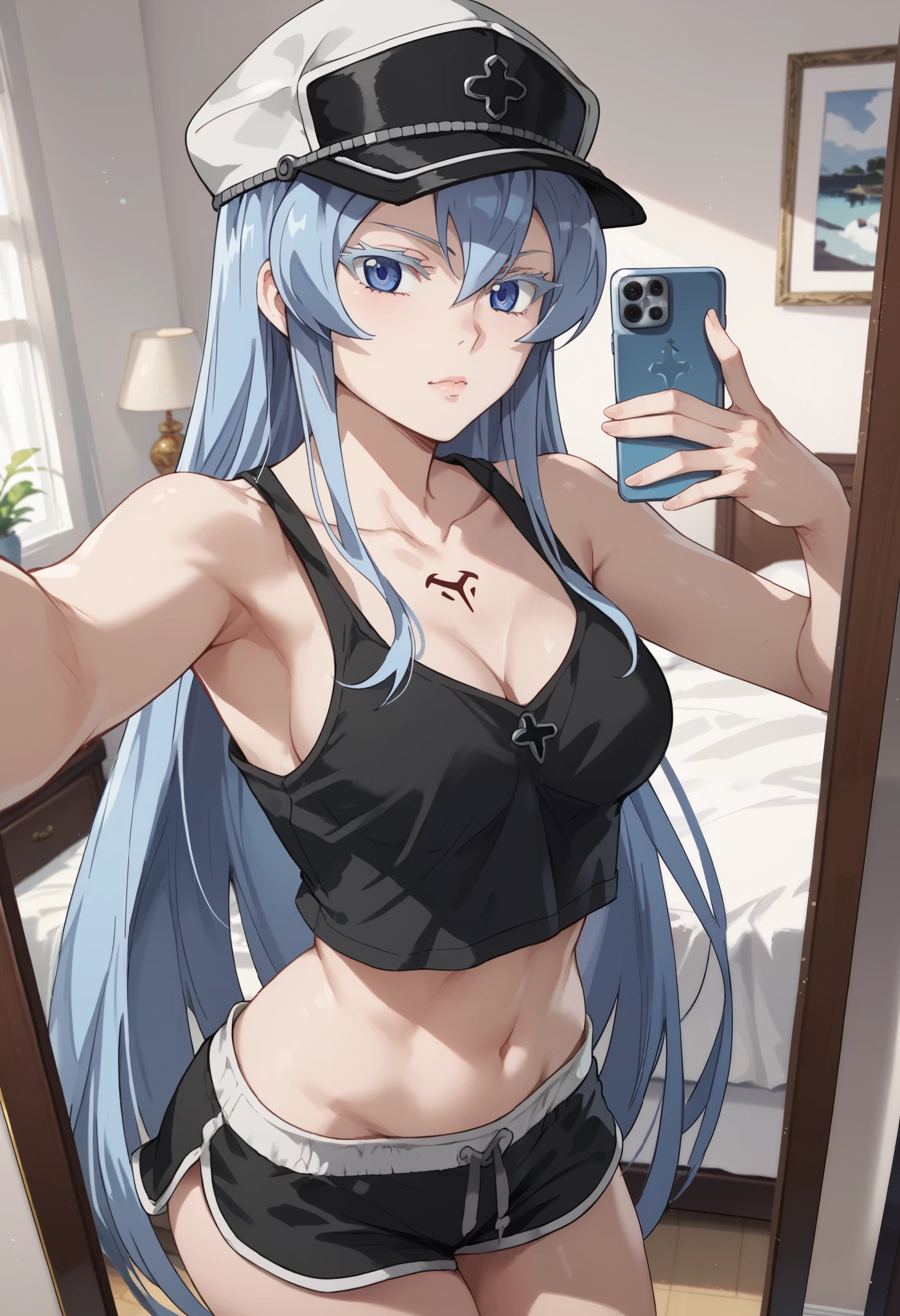 esdeath, 1girl, blue eyes, light blue hair, long hair, eyelashes, solo, black tank top, indoors ,medium breast, dolphin shorts, anime, mirror selfie, holding phone, hat
