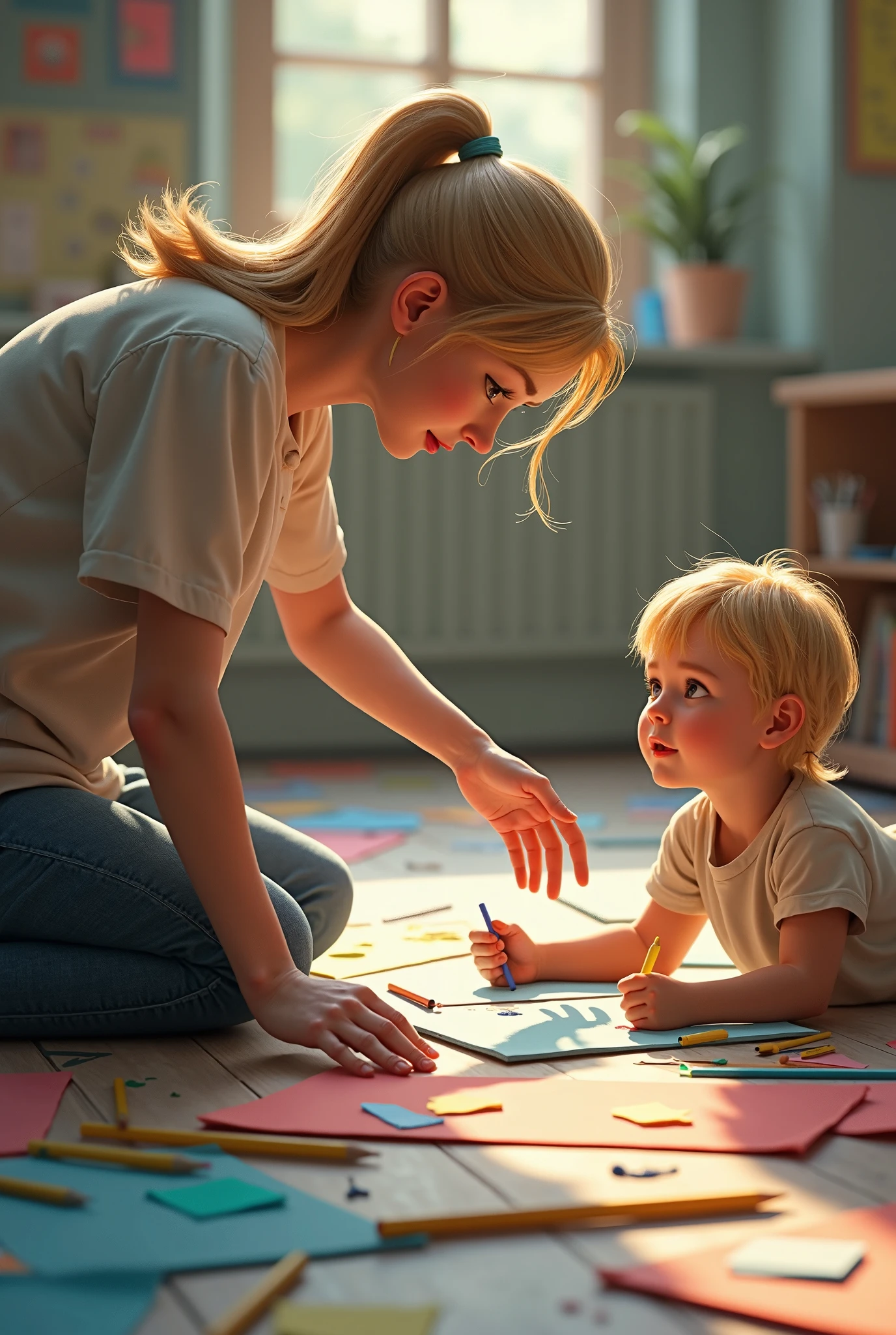 A women sketching a boy on canvas