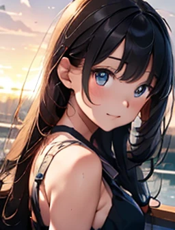  top quality, masterpiece, extremely  Detailsed,  Detailsed background,  1 girl,   beautiful eyes ,  young girl,   long haired girl  ,  Expressive Faces , 神戸のwind景, luxury passenger ship、 outdoor,Port Tower、 sunset,  beautiful ocean, Beautiful Harbor 、 scenery, horizontal line, wind,  petals, spring,  across the tub, Atmospheric lighting, reflection,  Naturalism ,  Details,  realism.  Relaxation, Beauty,  single focus,  close, from side,  is written by, Bokeh