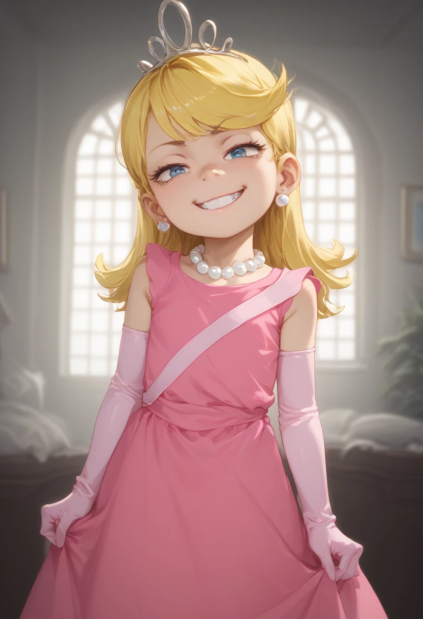 source_cartoon, score_9, score_8_up, score_7_up, lola loud, 1girl, solo, standing, head tilt, grin, seductive expression, looking at viewer, blonde hair, tiara, blue eyes, earrings, pearl necklace, pink dress, pink gloves, indoors, by jcm2