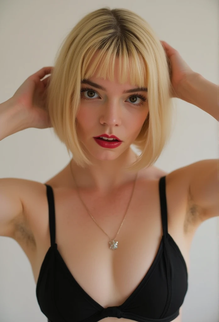 Anya Taylor Joy, photoshoot, seductive, detailed face, bob cut blonde hair with bangs, black bra, standing frontally, fixing hair