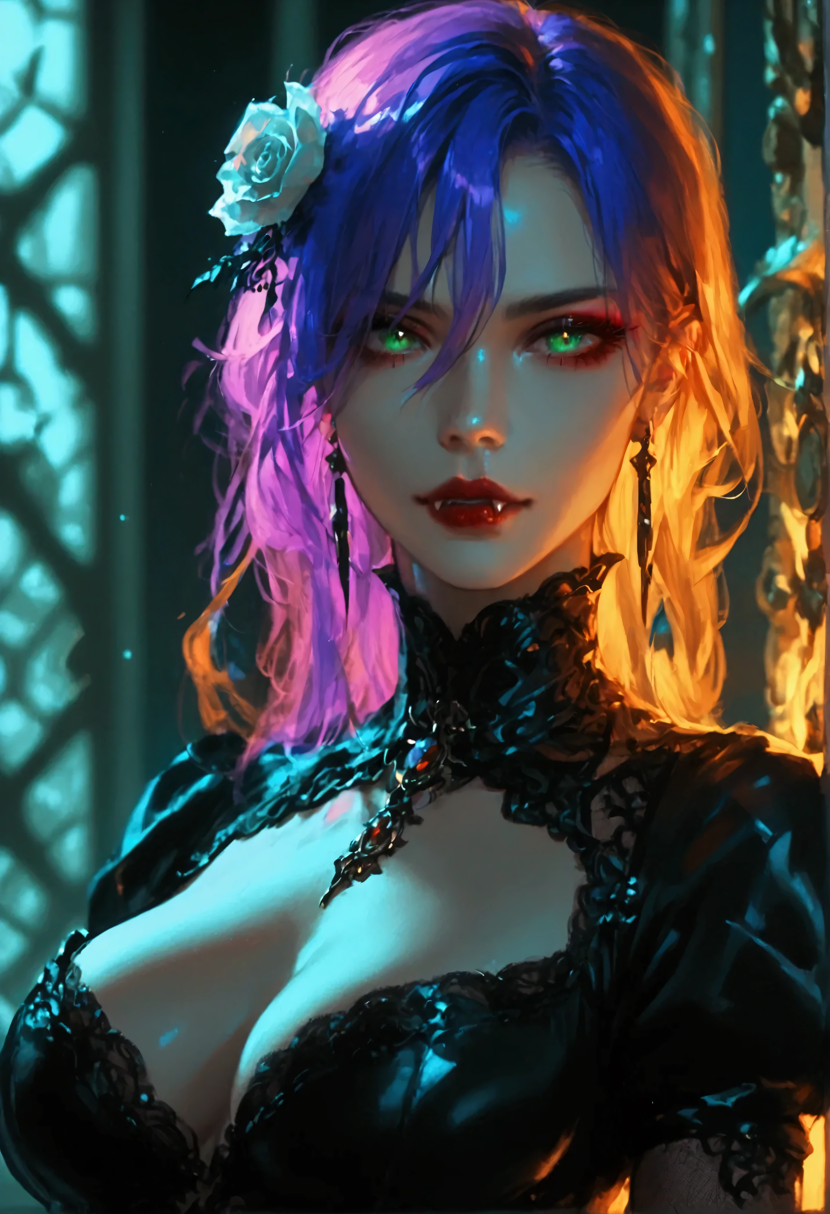 score_9, score_8_up, score_7_up, score_6_up, score_5_up, score_4_up, Arafed, a portrait of an vampire woman, exotic beauty, long hair, purple hair, (emerald green eyes), dark red lips, glamour shot, she wears an (black: 1.3) elegant suit, white rose, high heel boots, full body shot, 16k, ultra detailed, masterpiece, best quality, (extremely detailed), arafed, dnd art Cinematic Shot, vampire, fangs, eye lighting