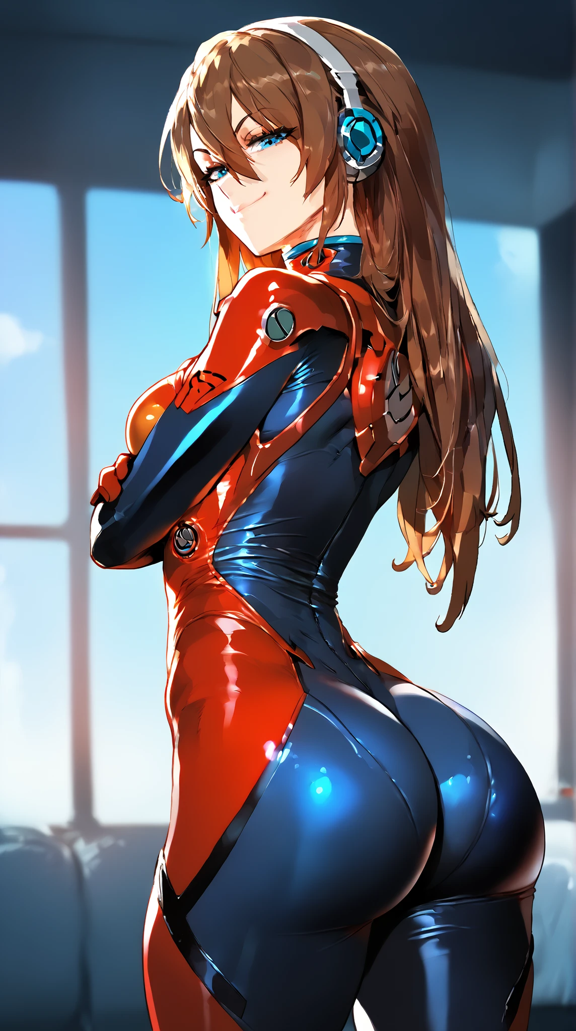 (score 9 up ,  score 8 above ,  highest score , highest quality),
1 girl, hanekawa black , plug suit,  Big Tits, ass, Blue eyes,  interface headphones ,  red body suit ,  looking at the spectator, pilot's uniform, bright clothes, skin tight, hair between eyes,  brown hair, standing, crossed arms, smug look,  smug smile ,  looking down at the viewer,
