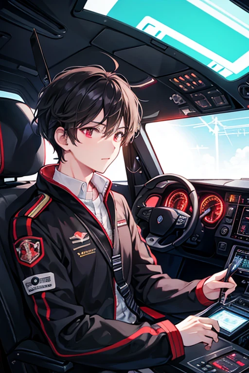 A dark-haired pilot man is conducting training in the cockpit where the light on a number 々 instrument glows red