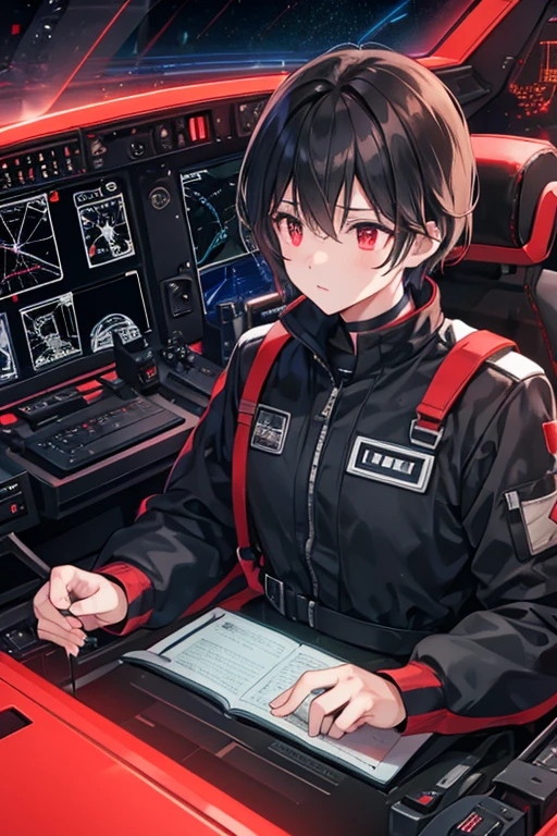 A dark-haired pilot man is conducting training in the cockpit where the light on a number 々 instrument glows red