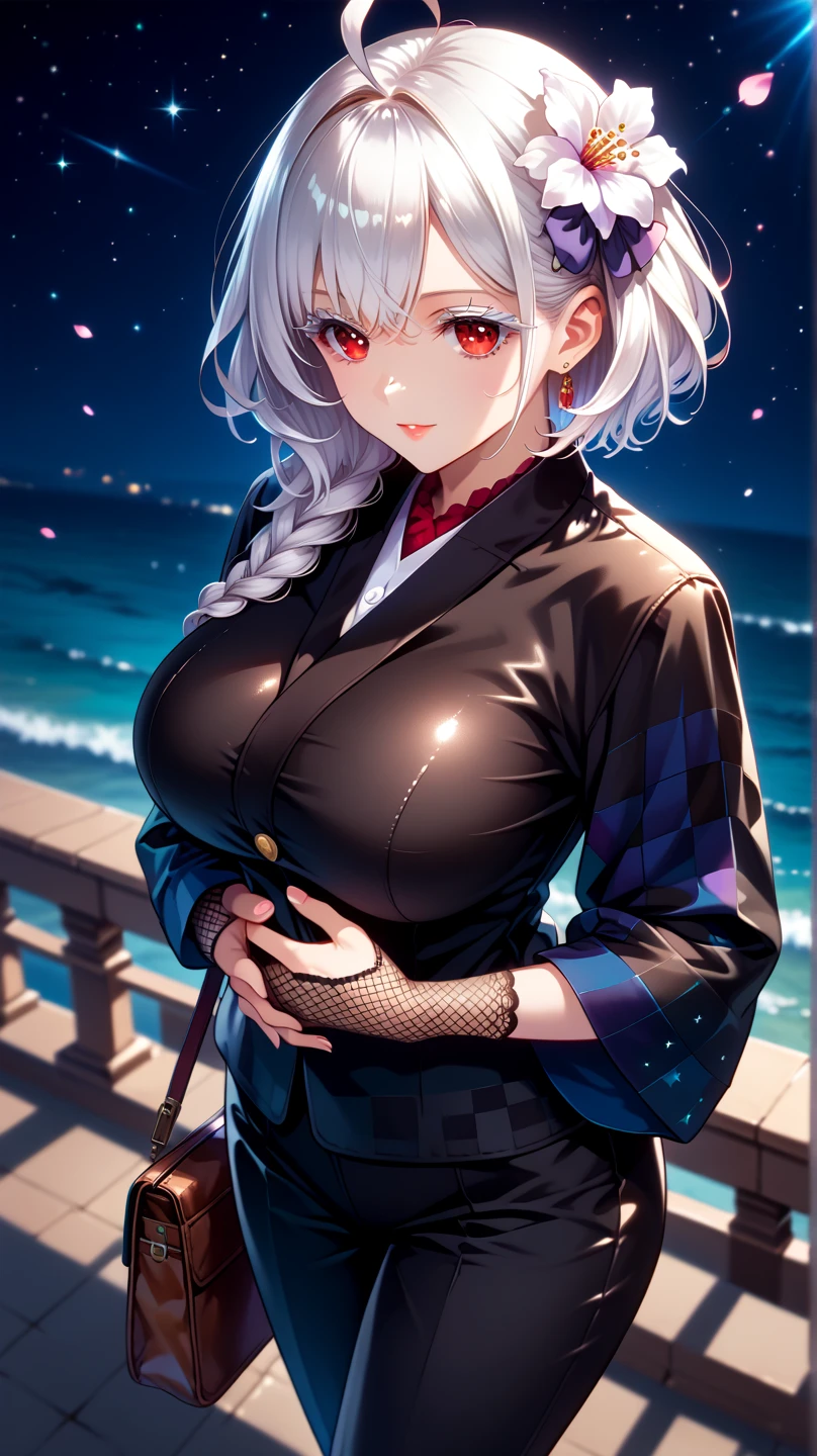 score_9,score_8_up,score_7_up, masterpiece, 1girl, solo, source_anime, scenery, (mature woman:1.3), (wide thighs), (wide hips), (detailed eyes, high definition eyes,high gradient eyes,eyesHD), (best quality:1.4), a close up of a woman with colorful hair, anime girl with cosmic hair, rossdraws pastel vibrant, artwork in the style of guweiz, fantasy art style, colorful, vibrant fantasy style, cosmic and colorful, guweiz, colorfull digital fantasy art, stunning art style, beautiful anime style, shiny, shiny skin, (beautiful female), (mature woman:1.3),beautiful face, clear face, Shiny hair, (white hair), (white eyeshadow), (white eyelashes), (white eyeliner), (long hair), (bobcut), (red eyes:1.2), concept art, professional anime, (big breasts:0.8), sidelocks, ahoge, short hair, headpiece, view from above, hair flower, purple bow, fishnet gloves, checkered kimono, japanese clothes, single braid, towa_newyears