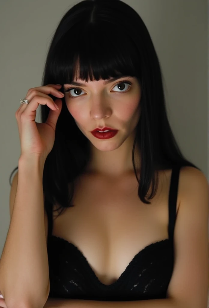 Anya Taylor Joy, photoshoot, seductive, detailed face, black straight hair with bangs, black bra, standing frontally, fixing hair