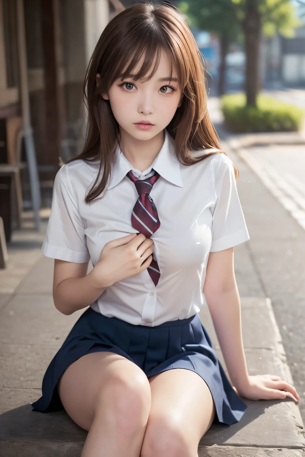 1girl, extremely cute face, Amazing face and eyes, (highly detailed eyes, highly detailed face), (hyper-realistic, hight resolution), (best Quality:1.4), Raw photo, (Realistic, Photorealsitic:1.37), Professional Photography, Cinematic Light, (lace bra:1.25), (amazing breasts:0.8), (school uniform, pleated mini skirt:1.5), (school uniform with open breasts), Smile slightly, Sitting, spread your legs wide open, Staring at me, outdoor, city, skyscraper,