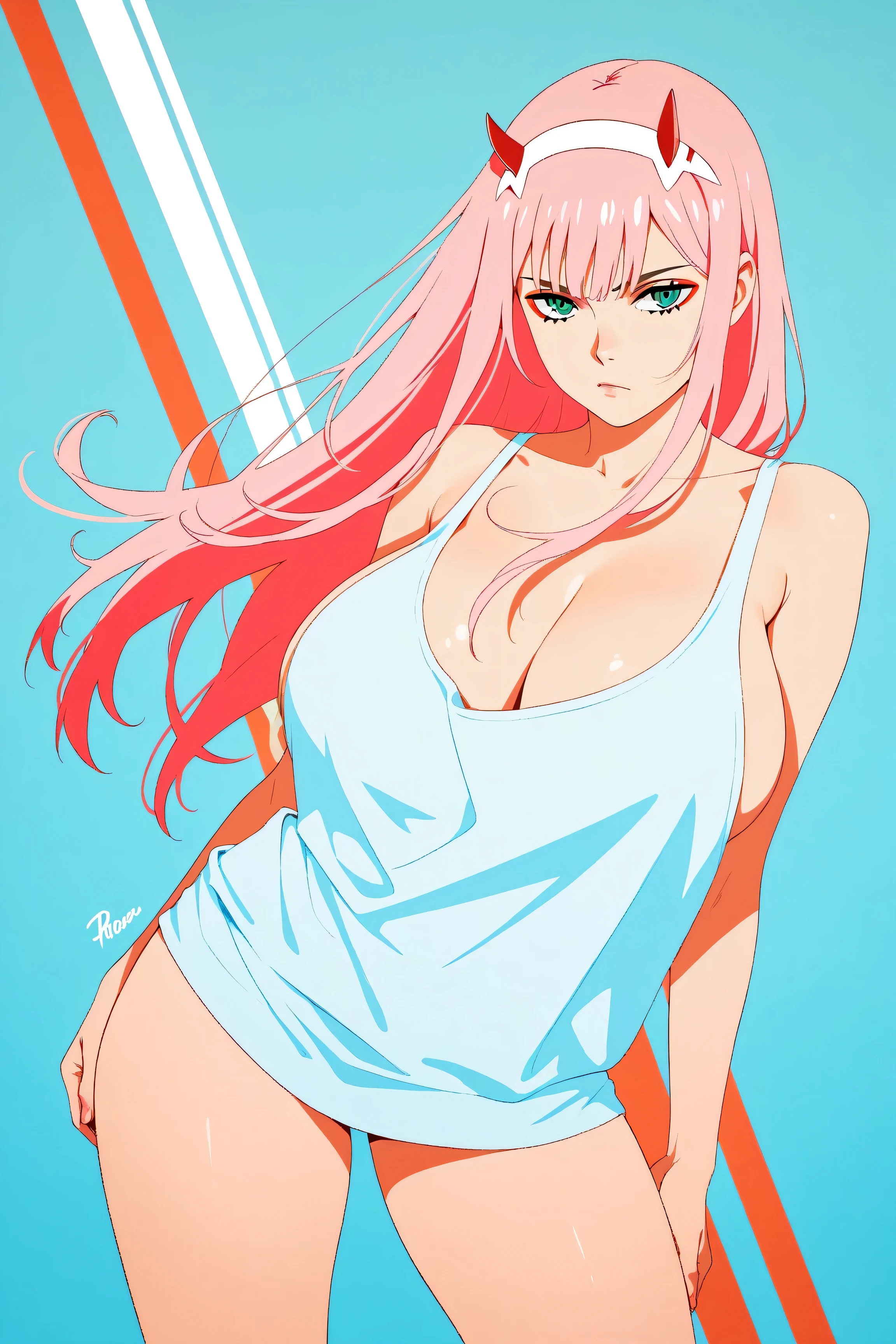 Zero Two from Darling in the Franxx, horns, pink hair, teal eyes, huge breasts, and thick thighs, lingerie, standing in a relaxed contrapposto pose with her hands behind her back, she’s facing viewer straight, having a dramatic, neutral expression on her young face, her tank top revealing pronounced cleavage and sideboob, her long hair fluttering in the wind, with a pale color gradation, blending retro elements, contemporary digital art, and surrealism, with intricate details, 