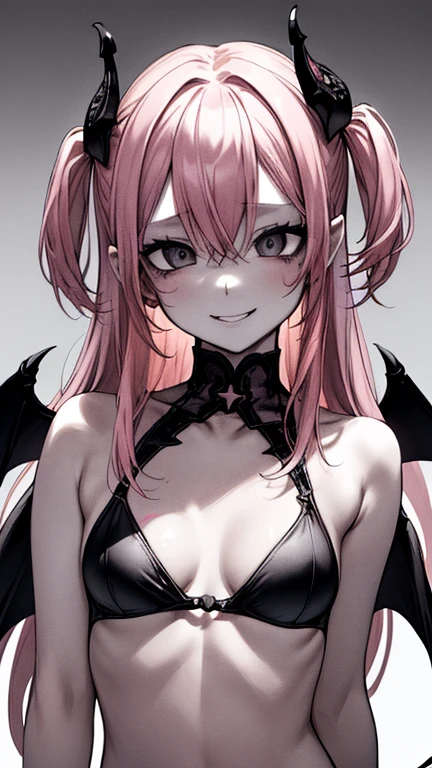    top quality, (Background details),    High Contrast  ,     detailed original pictures  , Very small build   、   upper body、  seductive gaze  、  cute girl、   succubus ,    pink hair、 two side up、 bats have wings、   bat headwear    ,     black bikini 、Real breasts,    flat chested、 evil smile, Beautiful line art,  black and white