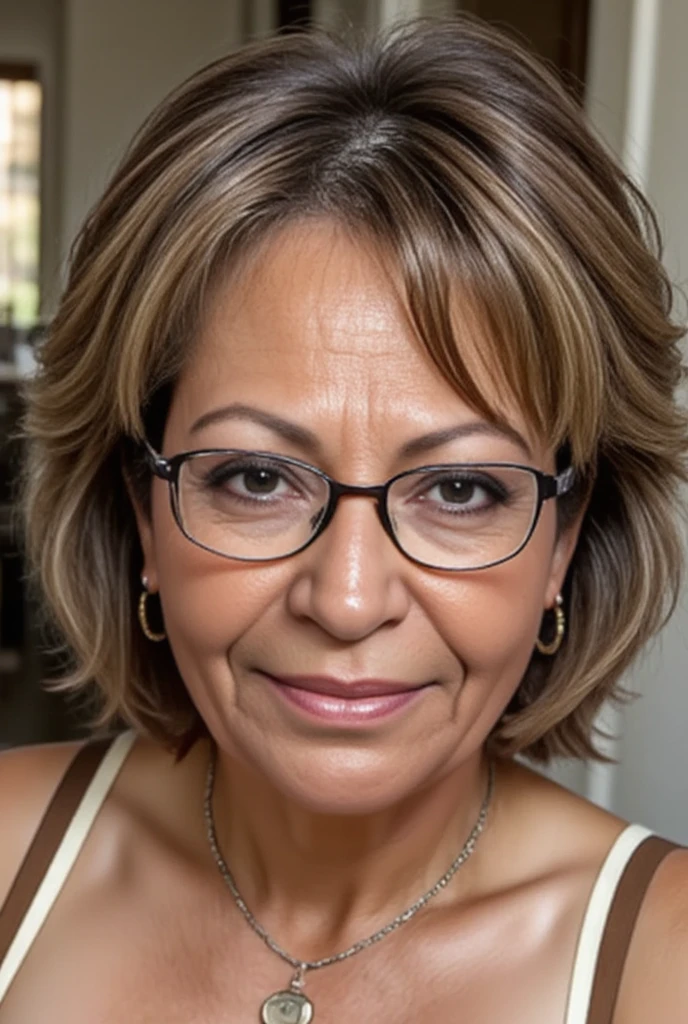 Realistic skin textures of a 55yo woman with short pixie hair cut with wearing glasses, saggy breasts, realistic curvy mature woman body, detailed nipples