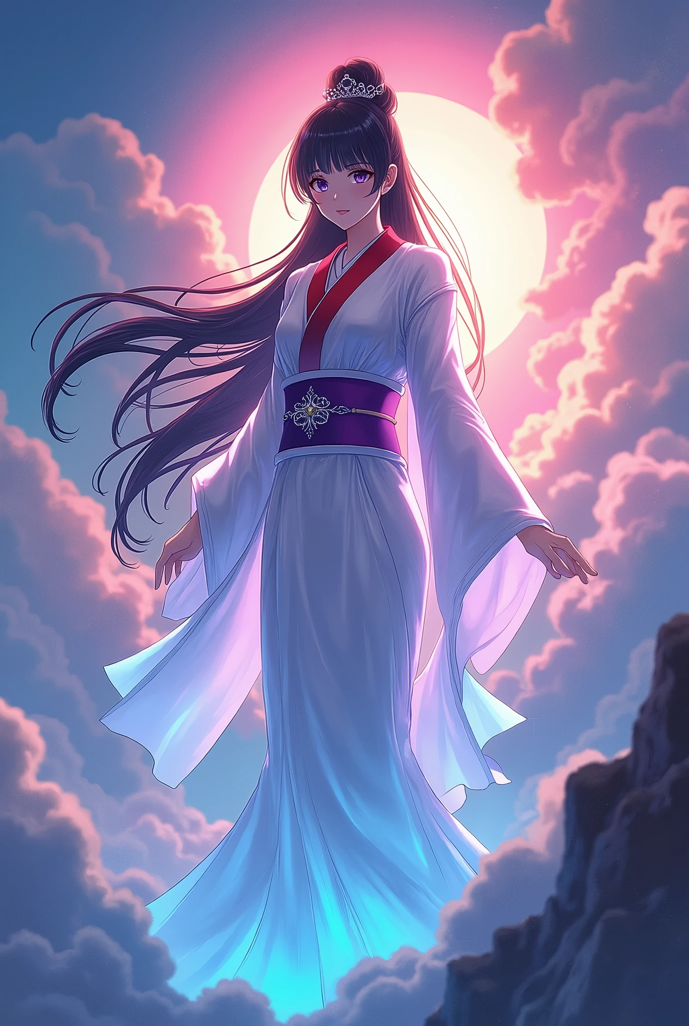  Japan's Kirishima Mountain Goddess ,  the greatest beauty in the anime world ,  Long Black Hair Updo , (Beautiful thin eyes), Mid-chest, Luminescent white kimono with red collar, The obi is a purple color ,  Vivid Seven Colored Clouds ,  Vivid Light Emitting from Within the Clouds,  fantasy, colorful clouds, Light hits the goddess's body and emits light,  It's brightly colored ,  fantasy, whole body,  best quality,  high image quality, masterpiece, 8K wallpaper,  high definition ,  Detailed Anime Art ,  fantasyアート,