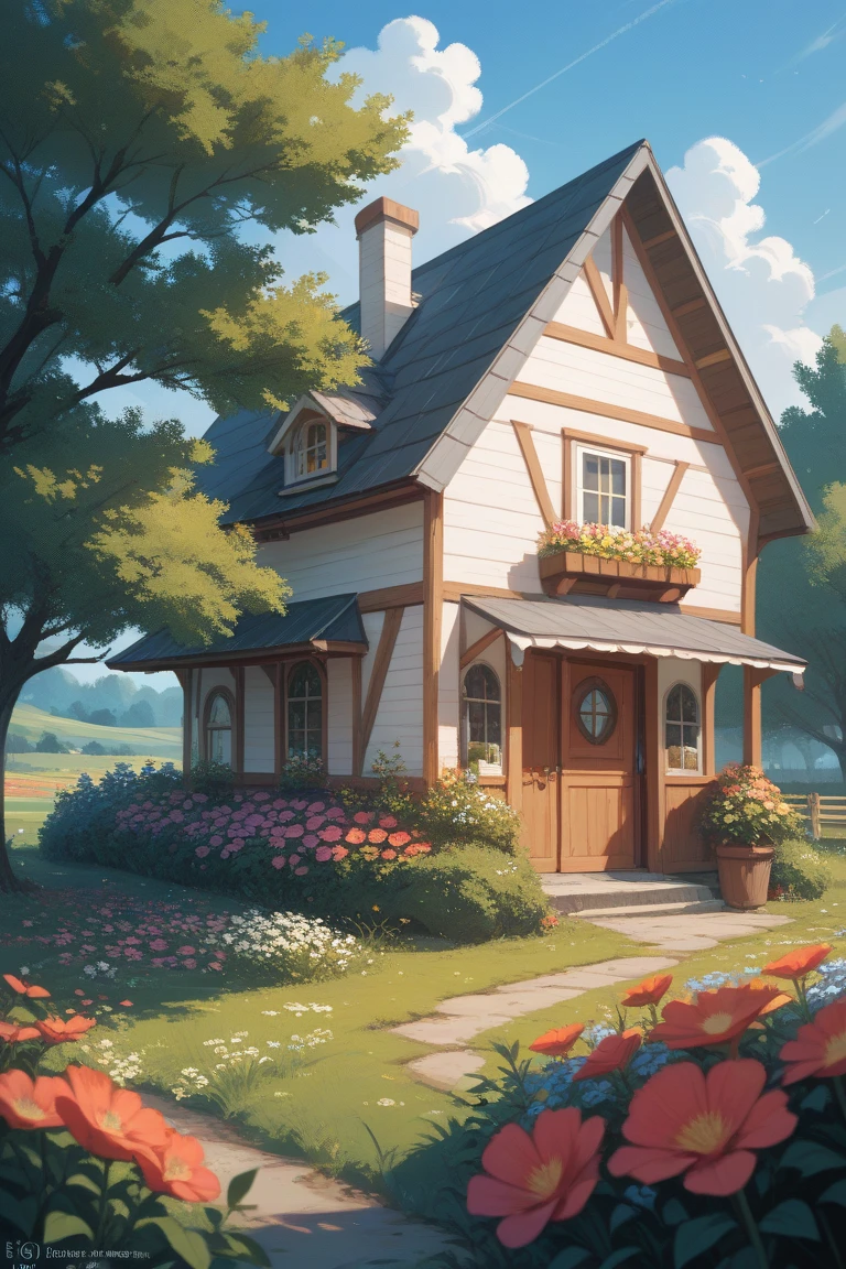 A field of flowers and a house