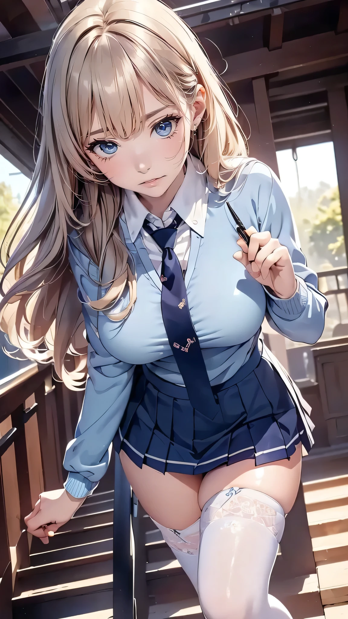 (masterpiece:1.2, top-quality), (realistic, photorealistic:1.4), beautiful illustration, (natural side lighting, movie lighting),
looking at viewer, full body, (back view:1.2), 1 girl, japanese, high school girl, perfect face, cute and symmetrical face, shiny skin,
(long hair:1.8, straight hair:1.7, blond hair), asymmetrical bangs, purple eyes, (large breasts:1.1, thick thighs),
beautiful hair, beautiful face, beautiful detailed eyes, beautiful clavicle, beautiful body, beautiful chest, beautiful thigh, beautiful legs, beautiful fingers,
((light blue collared shirts, navy pleated mini skirt, socks, navy tie, light brown cardigan, white thighhighs)), pink panties,
(beautiful scenery), evening, school stairs, walking, leaning forward, (perfect fingers:1.3), vibrator in thighhighs, ((ahegao, ashamed, scared, pen mouth)), ,