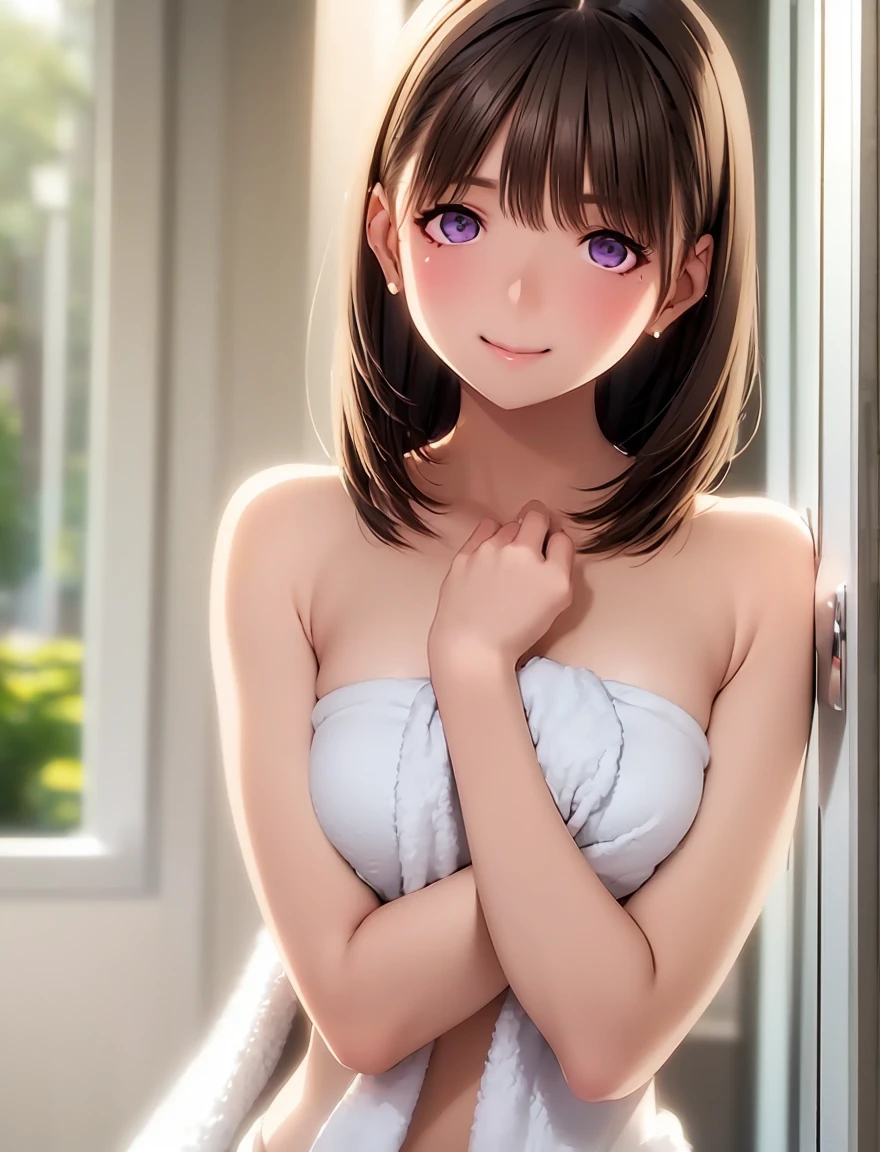    high definition  ,In 8K, best quality, Details, semi-realistic anime , D Anime Style , Smooth Anime CG , One Girl , 19-year-old Japanese woman, slim,modeling,((輝く瞳)),(Maroon Glowing Hair ), pink lips, Shiny brown hair, Detailsな顔,Beautiful and  Details,(( Deep Blue-Purple Sparkling Eyes )),( close their mouth ),(Laughter),((Fluffy white bath towel )),(( body towel wrap )),( marble tile ),  sunlight shining through a tall glass window,(( wearing only a towel )),(( private beach)),