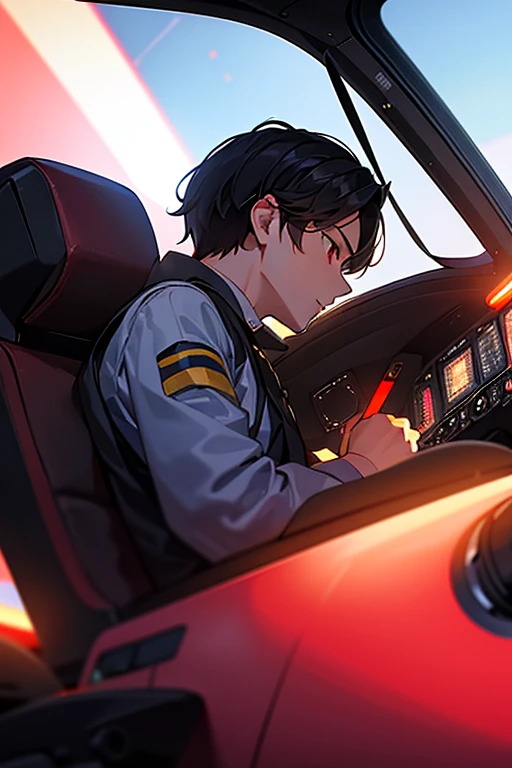 A dark-haired pilot man is conducting training in the cockpit where the light on a number 々Rear view of flight training being carried out in the cockpit with the instrument light glowing red