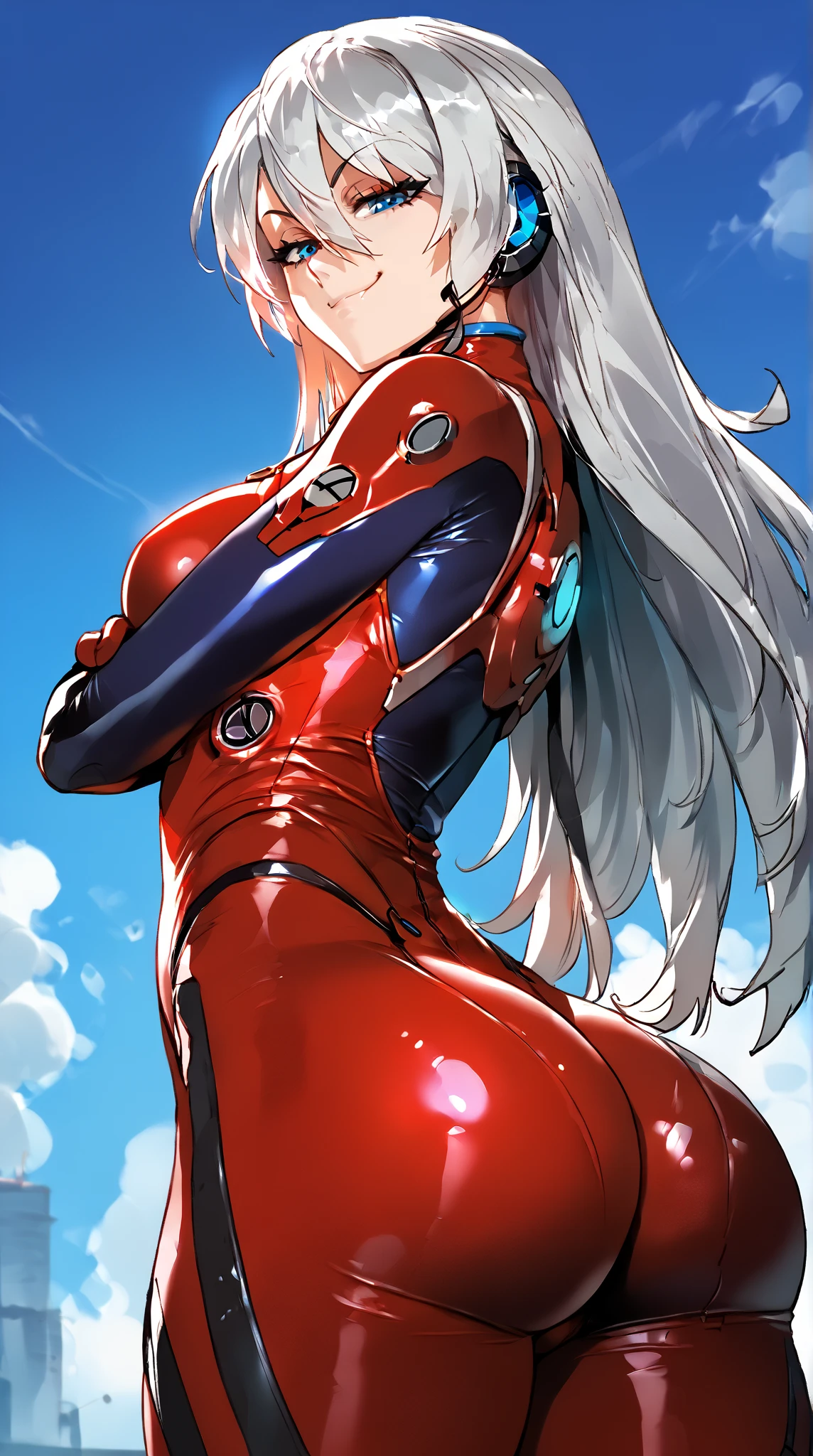 (score 9 up ,  score 8 above ,  highest score , highest quality),
1 girl, hanekawa black , plug suit,  Big Tits, ass, Blue eyes,  interface headphones ,  red body suit ,  looking at the spectator, pilot's uniform, bright clothes, skin tight, hair between eyes , standing, crossed arms, smug look,  smug smile ,  looking down at the viewer,
