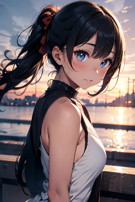  top quality, masterpiece, extremely  Detailsed,  Detailsed background,  1 girl,   beautiful eyes ,  young girl,   long haired girl  ,  Expressive Faces , 日本神戸のwind景,,Port Tower、 sunset,  beautiful ocean, Beautiful Harbor 、 scenery, horizontal line, wind, winter,  across the tub, Atmospheric lighting, reflection,  Naturalism ,  Details,  realism.  Relaxation, Beauty,  single focus,  close, from side,  is written by, Bokeh