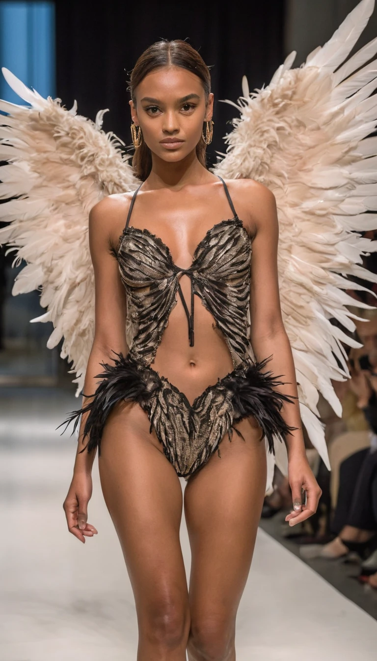 fashion photography, a model on the catwalk, detailed skin, feather wings, Sony alpha A7 4K photo