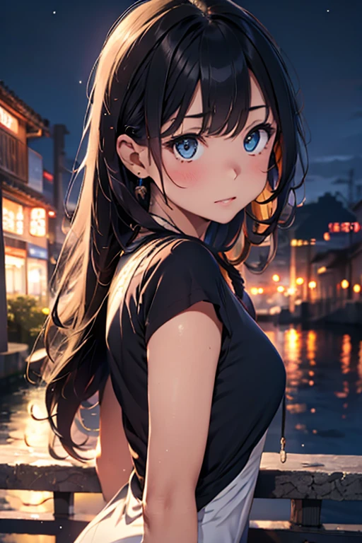  top quality, masterpiece, extremely  Detailsed,  Detailsed background,  1 girl,   beautiful eyes ,  young girl,   long haired girl  ,  Expressive Faces , 日本神戸のwind景,Mount Rokko、 night view,  beautiful ocean, Beautiful Harbor 、 scenery, wind, winter,  across the tub, Atmospheric lighting, reflection,  Naturalism ,  Details,  realism.  Relaxation, Beauty,  single focus,  close, from side,  is written by, Bokeh