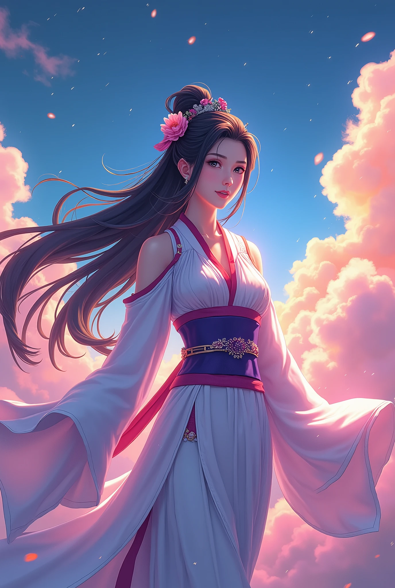  Japan's Kirishima Mountain Goddess ,  the greatest beauty in the anime world ,  Long Black Hair Updo , (Beautiful thin eyes), Mid-chest, Luminescent white kimono with red collar, The obi is a purple color ,  Vivid Seven Colored Clouds ,  Vivid Light Emitting from Within the Clouds,  fantasy, colorful clouds, Light hits the goddess's body and emits light,  It's brightly colored , Fantastic,  fantasy, whole body,  best quality,  high image quality, masterpiece, 8K wallpaper,  high definition ,  Detailed Anime Art ,  fantasyアート,