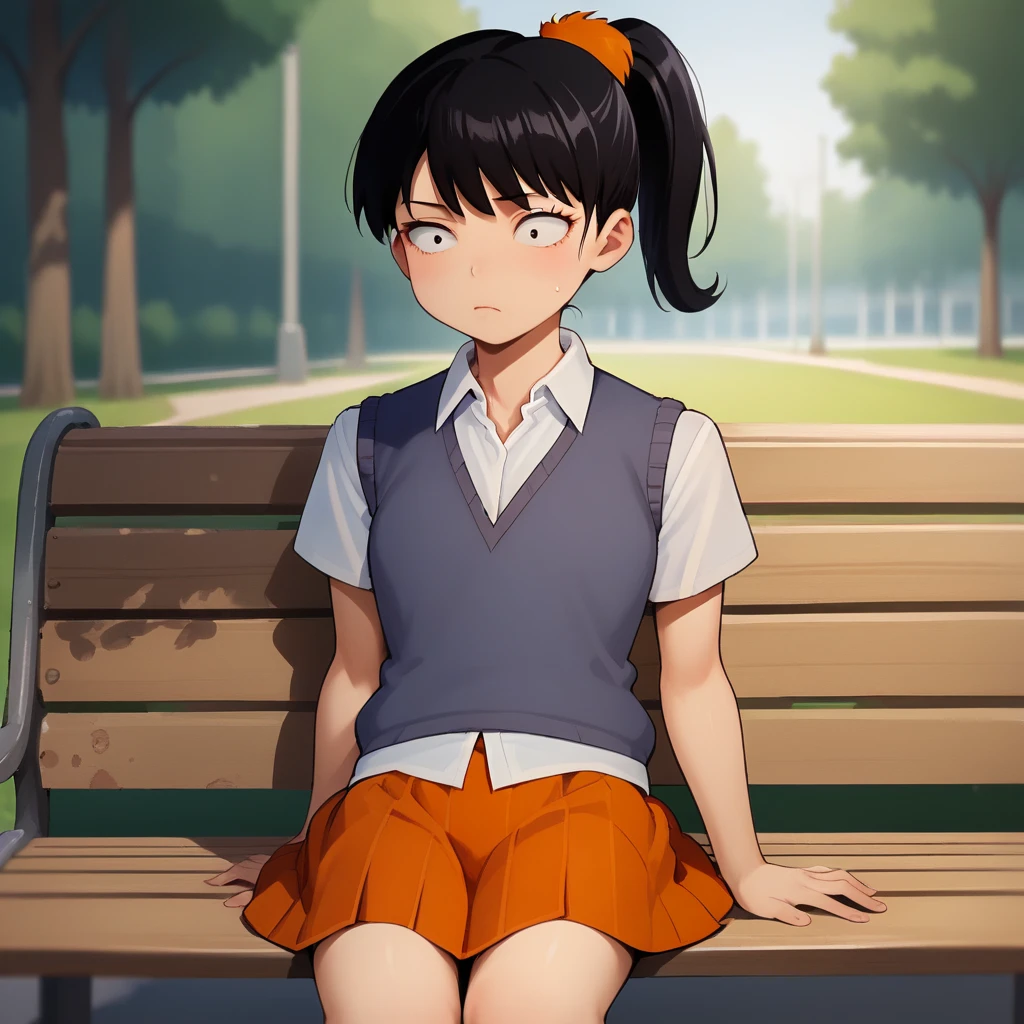 score_7_up, BREAK, source_cartoon, Akiko Yoshida, 1girl,  solo, black hair, ponytail, sweater vest, white shirt, school uniform, orange skirt, on bench, park, blurry background,