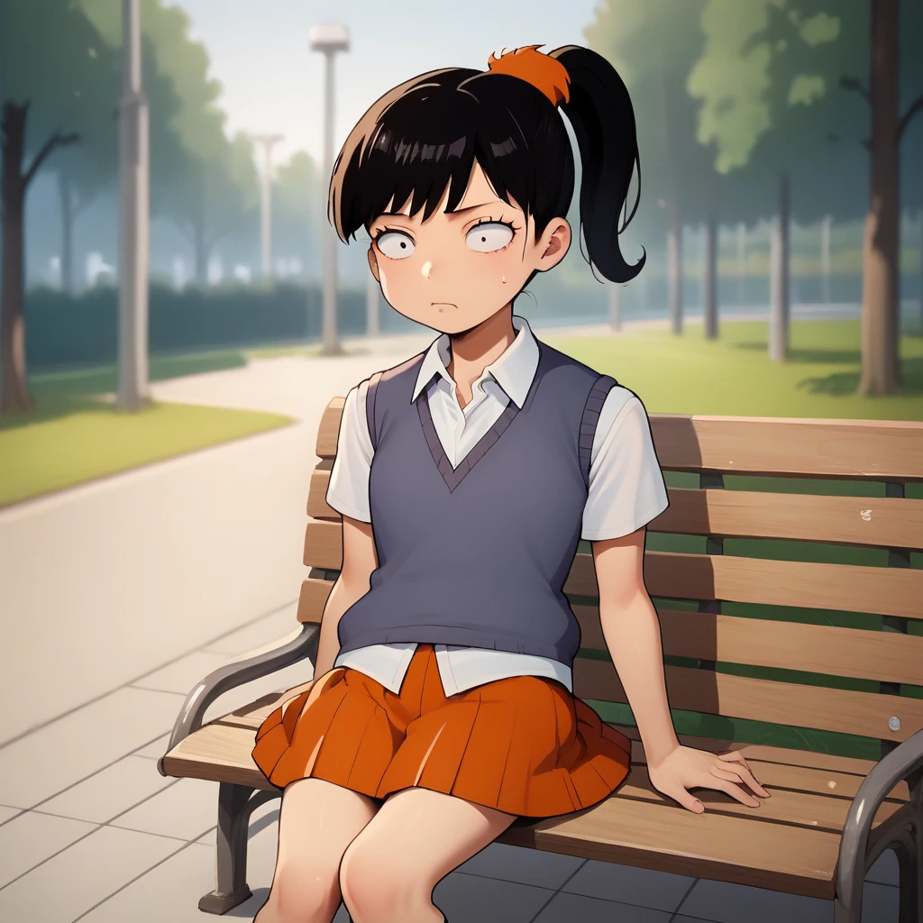 score_7_up, BREAK, source_cartoon, Akiko Yoshida, 1girl,  solo, black hair, ponytail, sweater vest, white shirt, school uniform, orange skirt, on bench, park, blurry background,