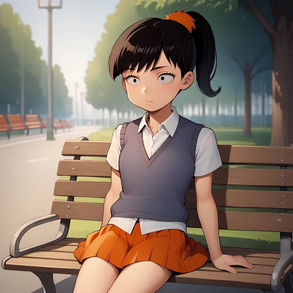 score_7_up, BREAK, source_cartoon, Akiko Yoshida, 1girl,  solo, black hair, ponytail, sweater vest, white shirt, school uniform, orange skirt, on bench, park, blurry background, black eyes