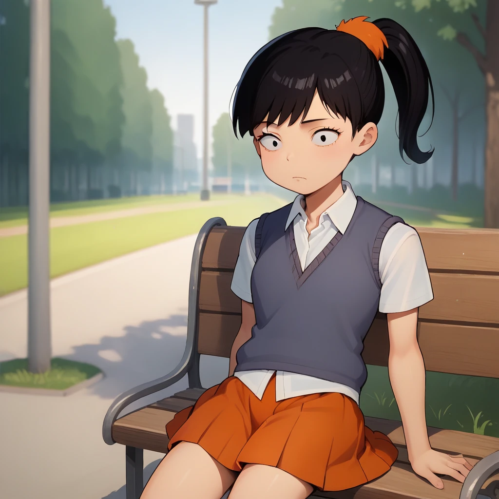 score_7_up, BREAK, source_cartoon, Akiko Yoshida, 1girl,  solo, black hair, ponytail, sweater vest, white shirt, school uniform, orange skirt, on bench, park, blurry background, black eyes