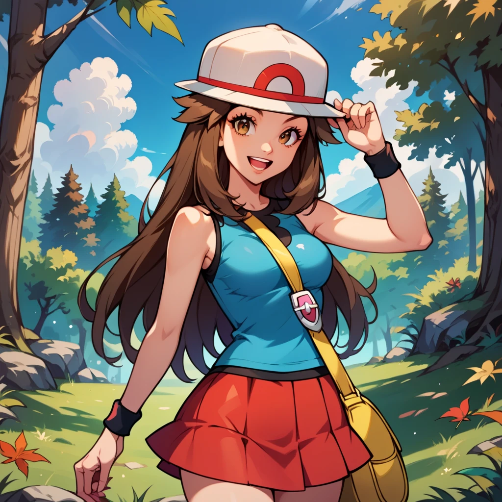 score_9, score_8_up, score_7_up, score_6_up, best quality, source_anime, cel shading, flat color, vector, detailed background, blue background, clouds, trees, forest, BREAK 1girl, solo, leaf_(\pokemon\), brown hair, long hair, brown eyes, white hat, blue sleeveless shirt, red skirt, blue socks, yellow duffle bag, wristbands, medium breasts, cowboy shot, looking at viewer, smile, open mouth, teeth, one hand on hat, 