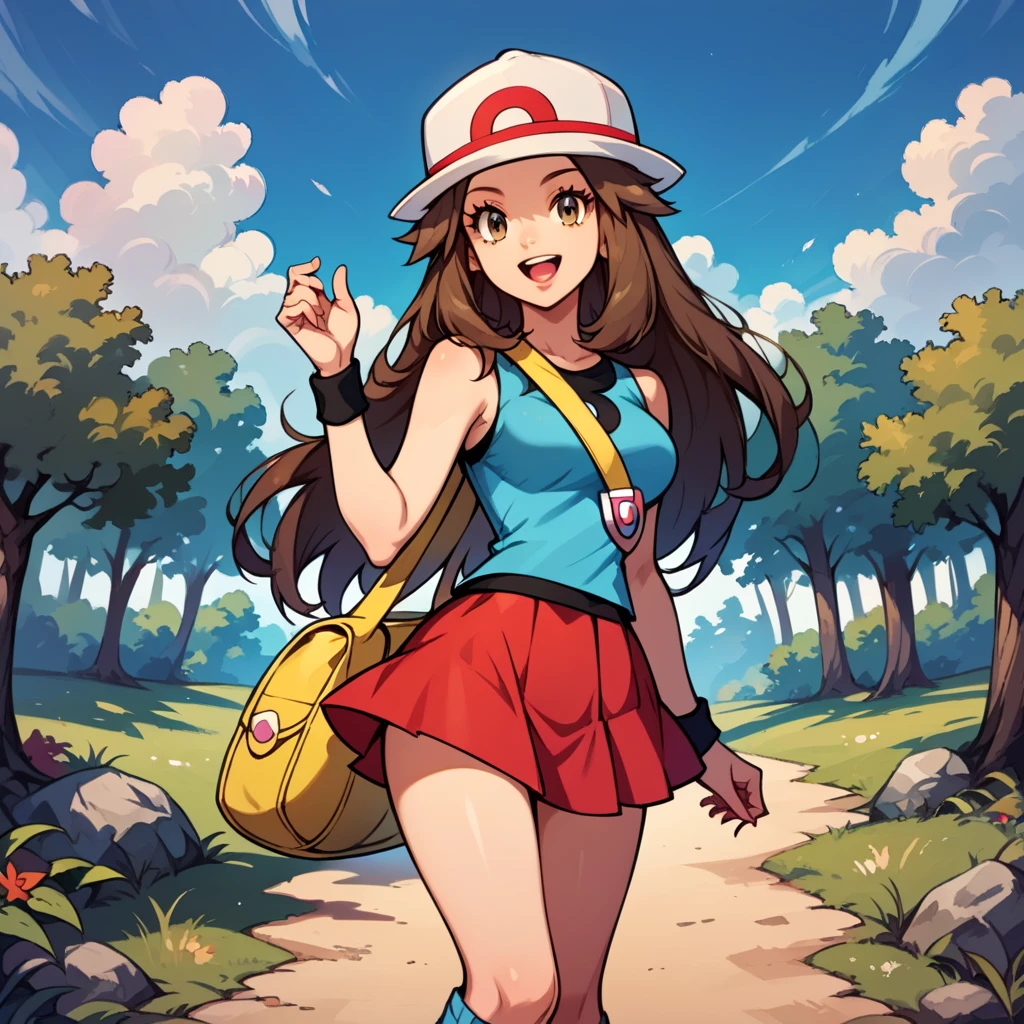 score_9, score_8_up, score_7_up, score_6_up, best quality, source_anime, cel shading, flat color, vector, detailed background, blue background, clouds, trees, forest, BREAK 1girl, solo, leaf_(\pokemon\), brown hair, long hair, brown eyes, white hat, blue sleeveless shirt, red skirt, blue socks, yellow duffle bag, wristbands, medium breasts, cowboy shot, looking at viewer, smile, open mouth, teeth, one hand on hat, 