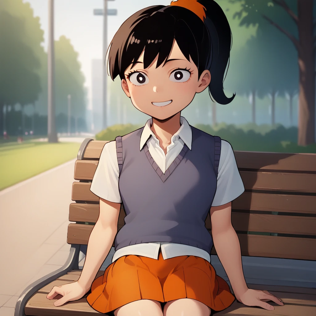 score_7_up, BREAK, source_cartoon, Akiko Yoshida, 1girl,  solo, black hair, ponytail, sweater vest, white shirt, school uniform, orange skirt, on bench, park, blurry background, black eyes, smile, big pupils