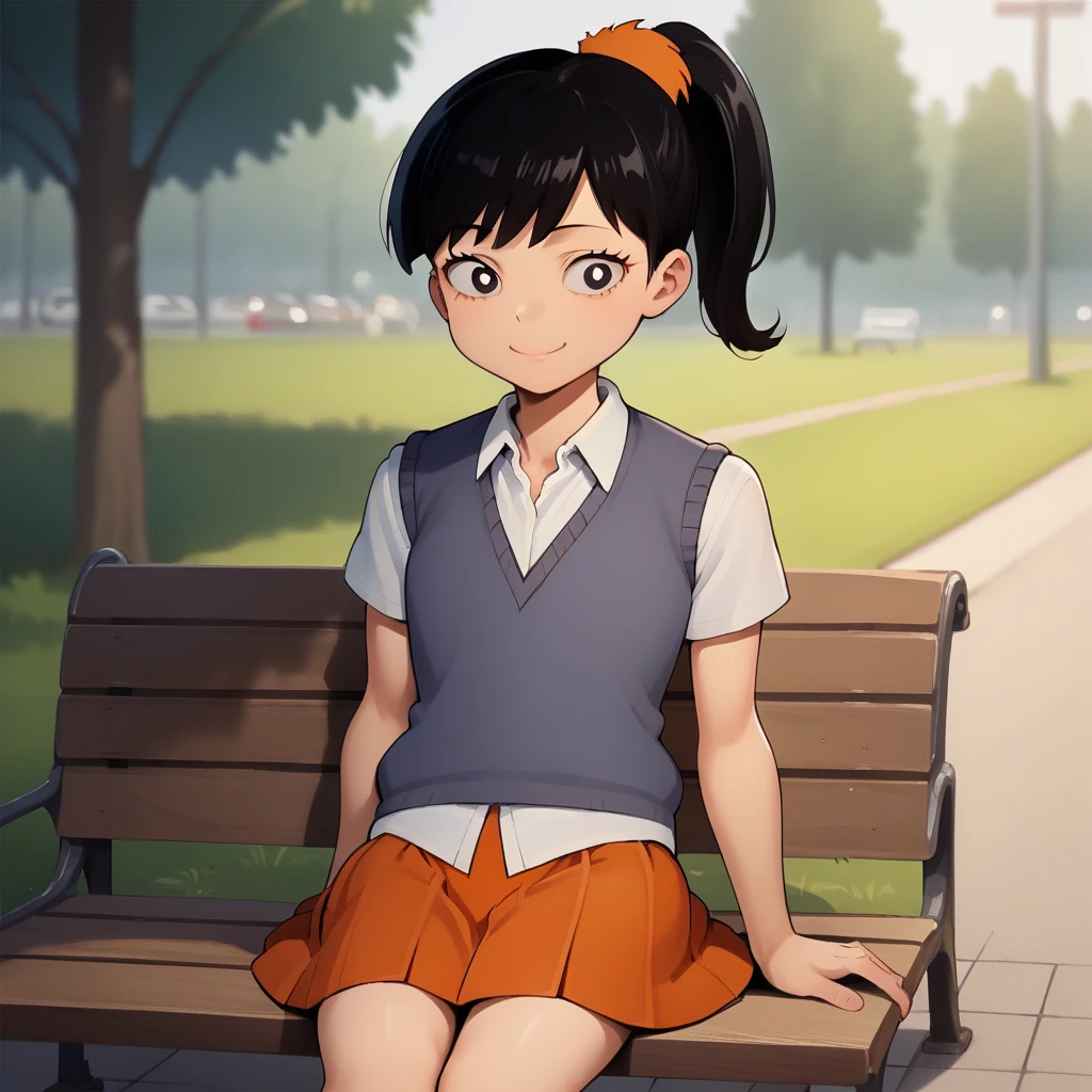 score_7_up, BREAK, source_cartoon, Akiko Yoshida, 1girl,  solo, black hair, ponytail, sweater vest, white shirt, school uniform, orange skirt, on bench, park, blurry background, black eyes, smile, big pupils