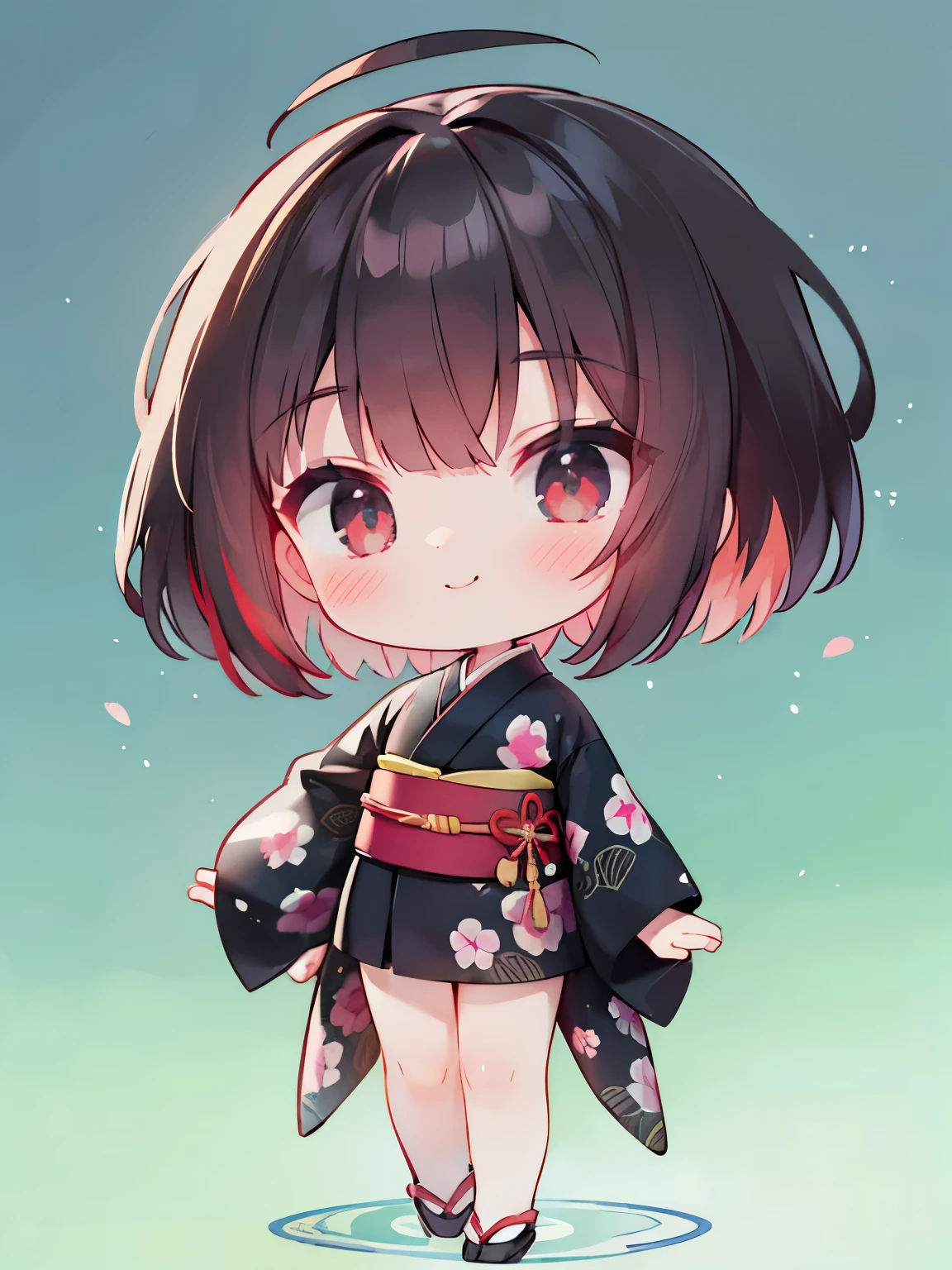  top quality,  high definition ,  very detailed with crimson hair, Anatomical, Exact ratio, 、 very ，Chibi，, Round face, smile,  HEALTHY SKIN,  Glowing Skin,  Glowing Skin,  black hair,   full body shot ，Very short kimono，