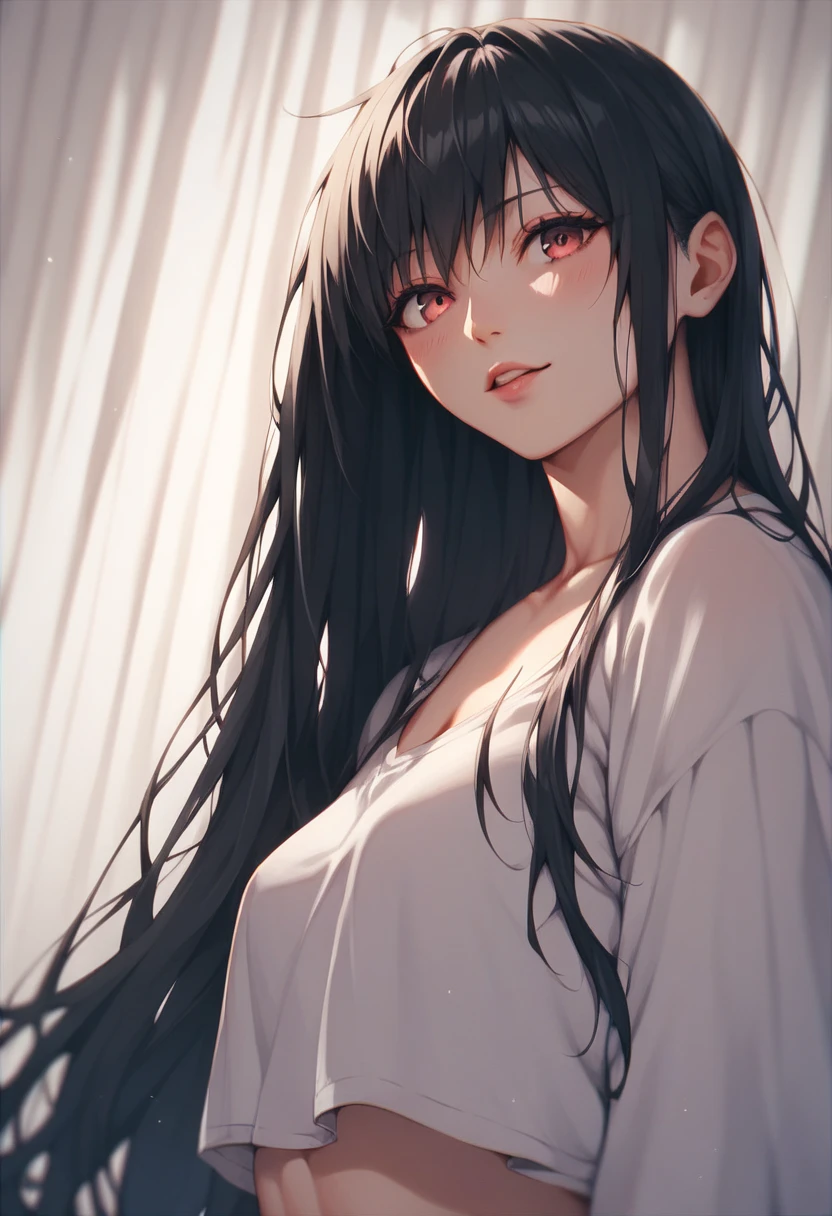 (Black hair covers eyes)(long haired)((grey skin))(White tunic)((Super big breasts))(listless)Ghost-like face,Stand in the forest of the night,Dumb((The characters are very delicate))Background dark black tones,There is a feeling of horror,Like Sadako