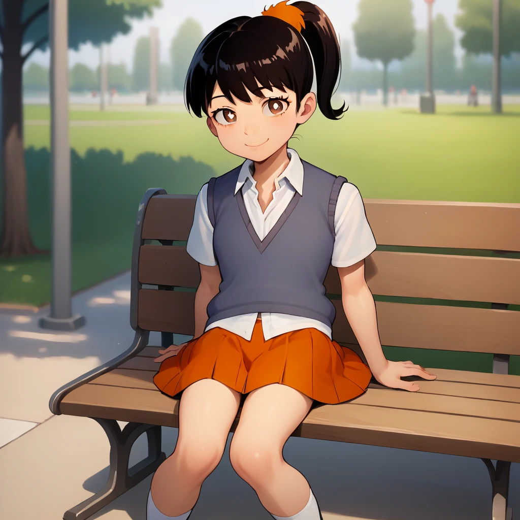 score_7_up, BREAK, source_cartoon, Akiko Yoshida, 1girl,  solo, black hair, ponytail, sweater vest, white shirt, school uniform, orange skirt, on bench, park, blurry background, brown eyes, smile, big pupils