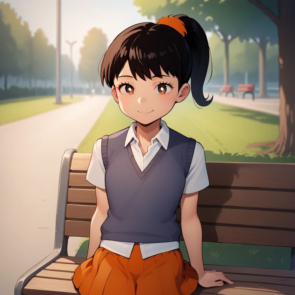 score_7_up, BREAK, source_cartoon, Akiko Yoshida, 1girl,  solo, black hair, ponytail, sweater vest, white shirt, school uniform, orange skirt, on bench, park, blurry background, brown eyes, smile, big pupils