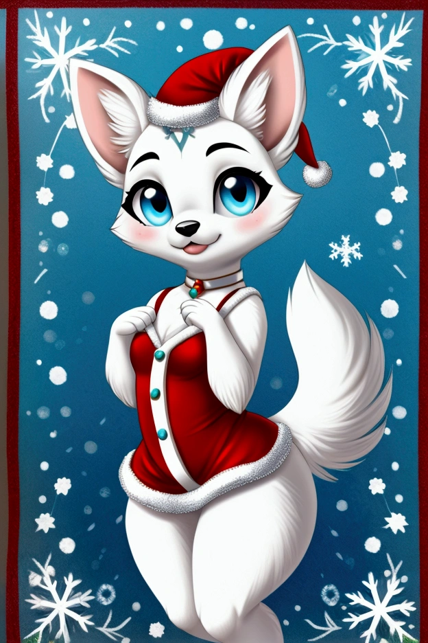 Furry, young woman, naked, Long fluffy tail, lies, legs tucked in, hands and feet are tied with a very wide gift ribbon, body and chest and tail are wrapped with very wide gift ribbon, gift bow on shoulder, gift tag around the neck