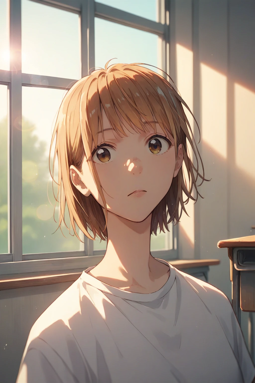 score_9,score_8_up,score_7_up,score_6_up BREAK source_Anime,masterpiece, top quality, more,
 1 girl,Alone,ChinatsuKano,
 white shirt,T-Shirts,
upper body,,Look to the side,
classroom, lens flare, Window ,