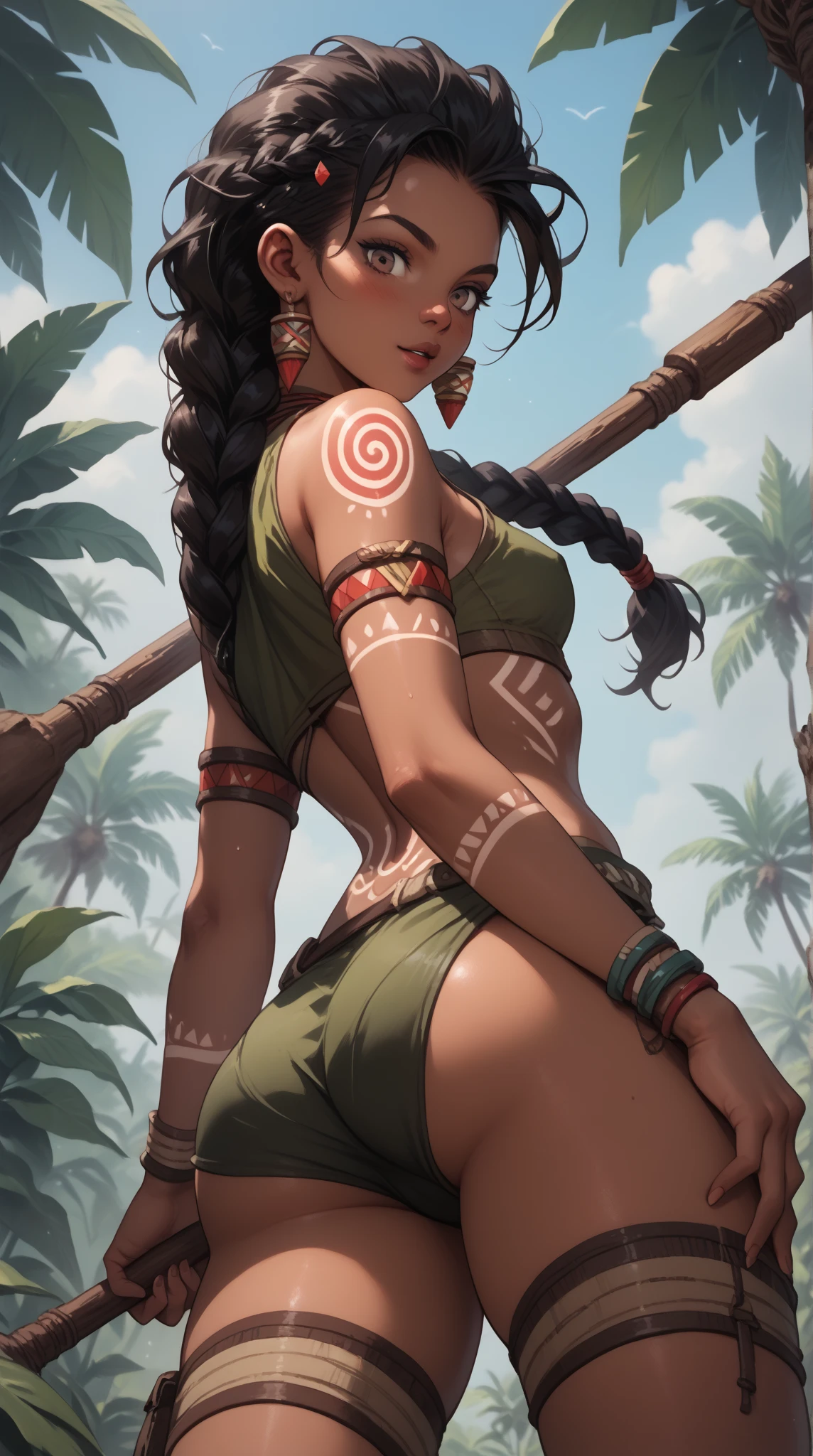 from below , in the jungle ,  pov into a hole in the ground, outside the trap is a strong young women, hunter,  black skin , black hair , long braid, with a spear , wearing primitiv clothes, barely covering, tribepaint, red_bodypaint