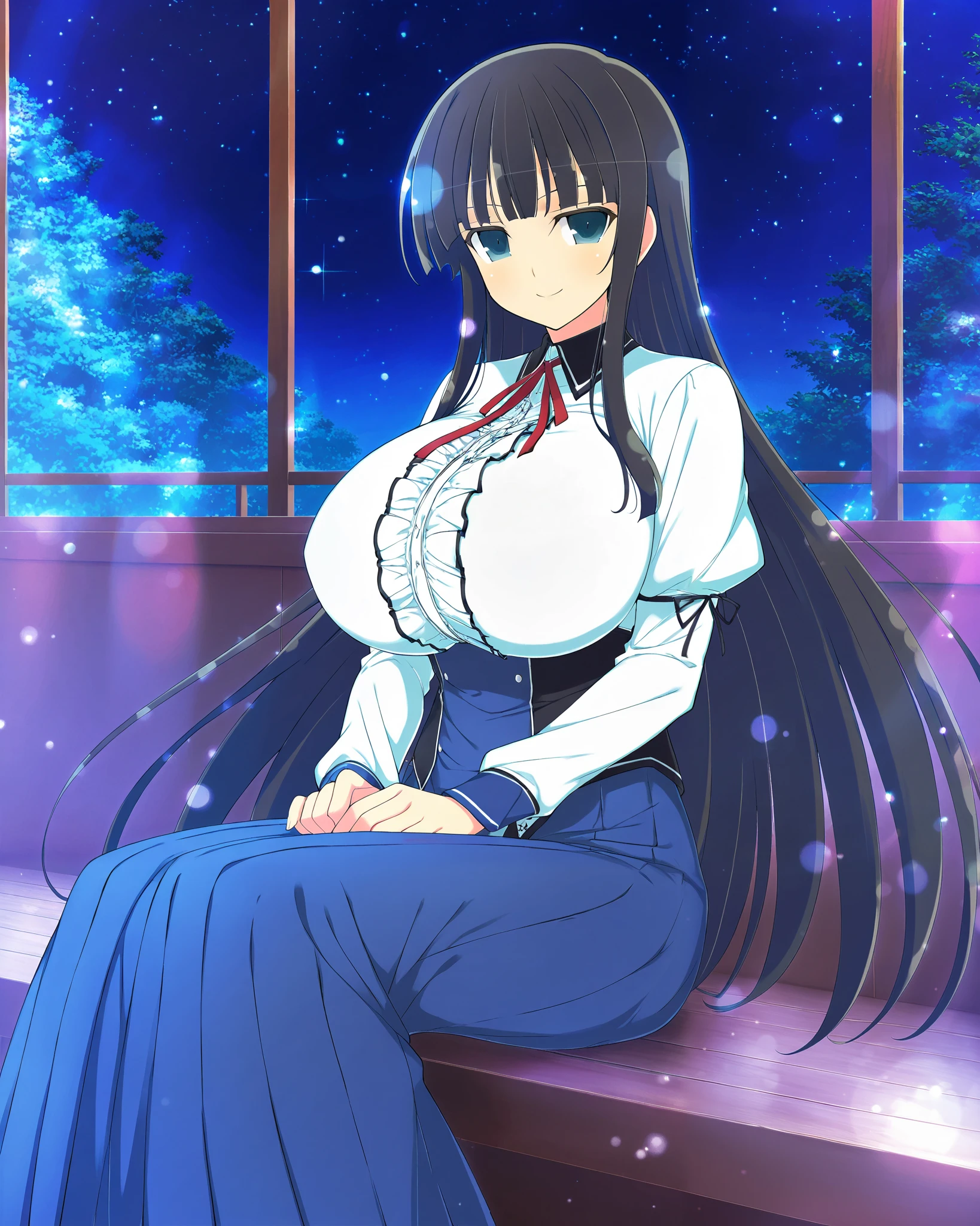 masterpiece, best quality, anime art style, Official Art, yaegashi nan(artist), perfect eyes, detailed eyes, perfect face, perfect hair, detailed hair, beautiful character design, 1 girl, alone, Ikaruga (Senran Kagura New Link), black hair, blunt bangs, hime cut, blue eyes, black pupils, sweet smile, sitting on cabin seat, hands on lap, looking at viewer, slim body, gigantic breasts, long sleeves, white shirt, red ribbon tie, center frills, pleated blue skirt, long skirt, indoors, night time, cabin