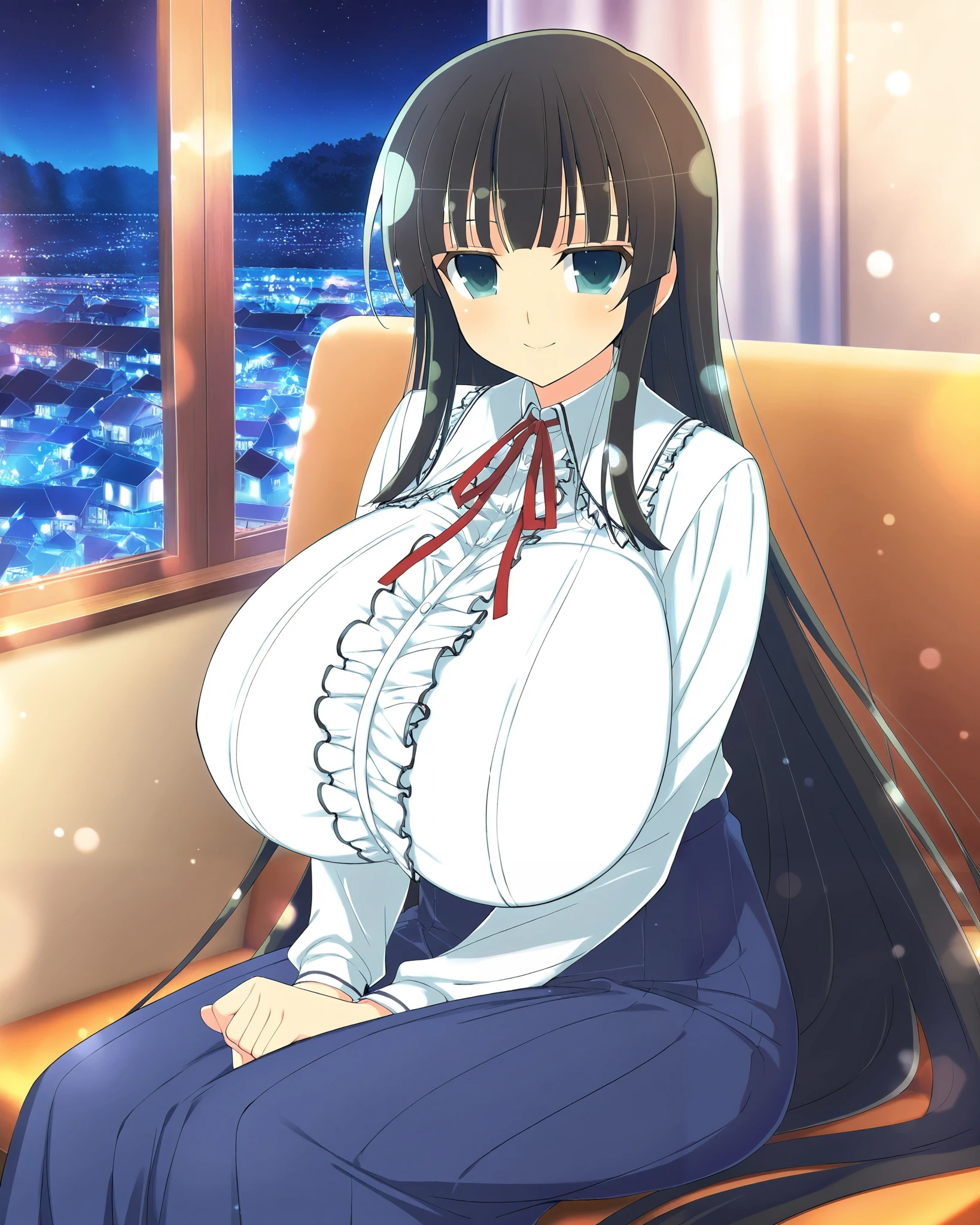 masterpiece, best quality, anime art style, Official Art, yaegashi nan(artist), perfect eyes, detailed eyes, perfect face, perfect hair, detailed hair, beautiful character design, 1 girl, alone, Ikaruga (Senran Kagura New Link), black hair, blunt bangs, hime cut, blue eyes, black pupils, sweet smile, sitting on cabin seat, hands on lap, looking at viewer, slim body, gigantic breasts, long sleeves, white collared shirt, red ribbon tie, center frills, pleated blue skirt, long skirt, indoors, night time, cabin