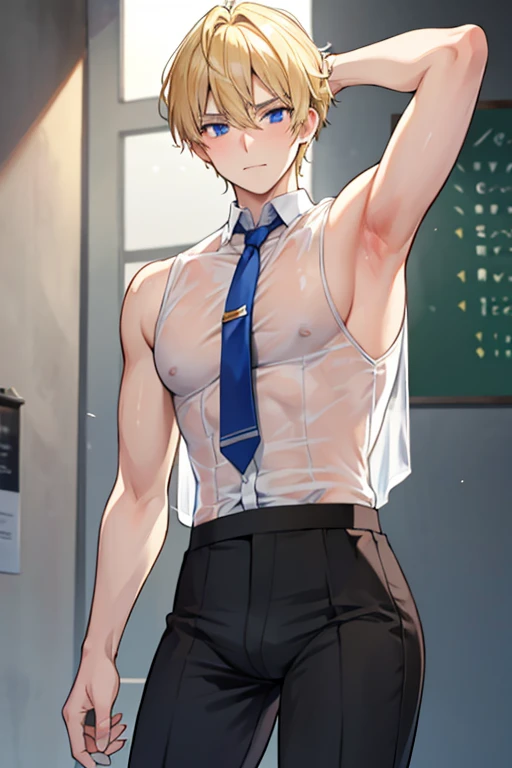 Blonde male student shows off his armpits and wears see-through pants and gets sweaty