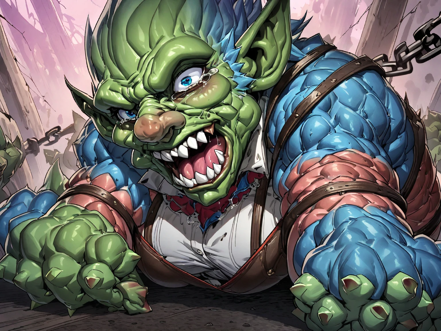 (((intricate design))) (((professional))) (((clear focus))) (((32k UHD Resolution))) (((photorealistic))) (((hyper-detail))) (((masterpiece))), ultra-realistic, expressive eyes, perfect face, mesmerising eyes, perfectly detailed anatomy, low contrast, a digital render (((Volumetric lighting))) (((natural lighting))) (((nighttime))) (((1Male))) (((Bodybuilder))), (((muscular))), (((hyper pecs))) there is a sexy mature man with green paint on his body, slick shaved sides hairstyle, ((thighs)) bodily fluids, round butt, green coloured skin, gay, green skin! (((green coloured skin!!))), (((green skin))). (((green-skinned))), (((wearing BDSM gear))) ((green skin with scales)), ((green skin)), windy, (((greenish skin))) plantation on the male body, fluorescent green skin, (((radiant orange eyes))), extremely windy, leaves falling (((a powerful nature deity))), elf ears, druid magic, green gem necklace, hot reptile muscular humanoid man, scales, muscular green body. Glowing veins, nature spirit, wrapped in tentacle vines, wet, oily, sweaty (((inside dirty house)) crossed-eyed, blushing, drooling, in a trance, mouth open (((from above))) kneeling down, looking at you