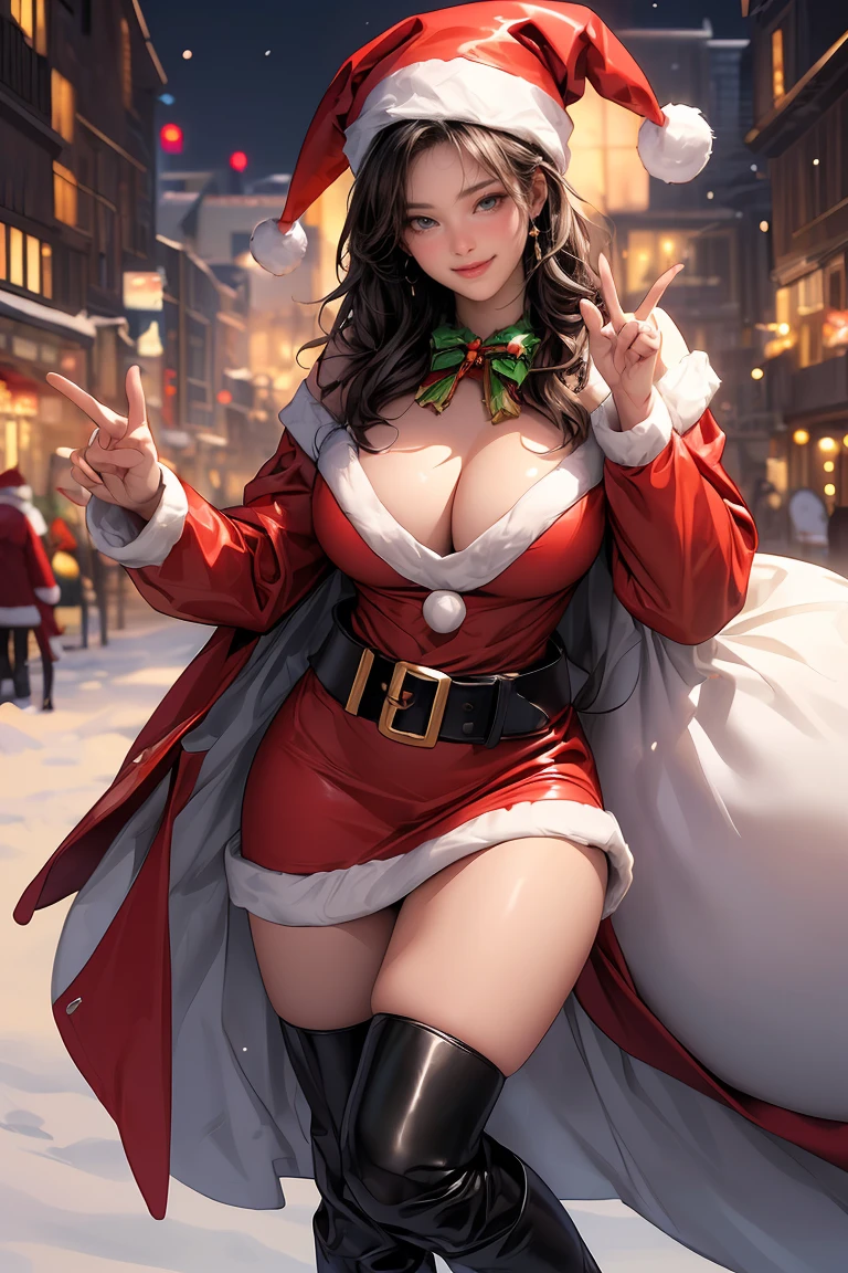 ((Masterpiece, top quality, high resolution, highly detailed CG unified 8K wallpaper)), (huge stunning goddess shot, very hot and sexy, jaw-dropping beauty, perfect proportions, beautiful body, slim body beauty:1.3), (random poses, dynamic composition), Christmas, Santa Claus, (woman in Santa Claus costume, staring at viewer, red coat and skirt with white fur trim, long sleeves, thick black belt, gold buckle, black leather boots, Santa Claus hat, smiling shyly:1.3), (beautiful hands, correct fingers, 4 fingers, 1 thumb), The city at night with snow falling and twinkling illuminations,