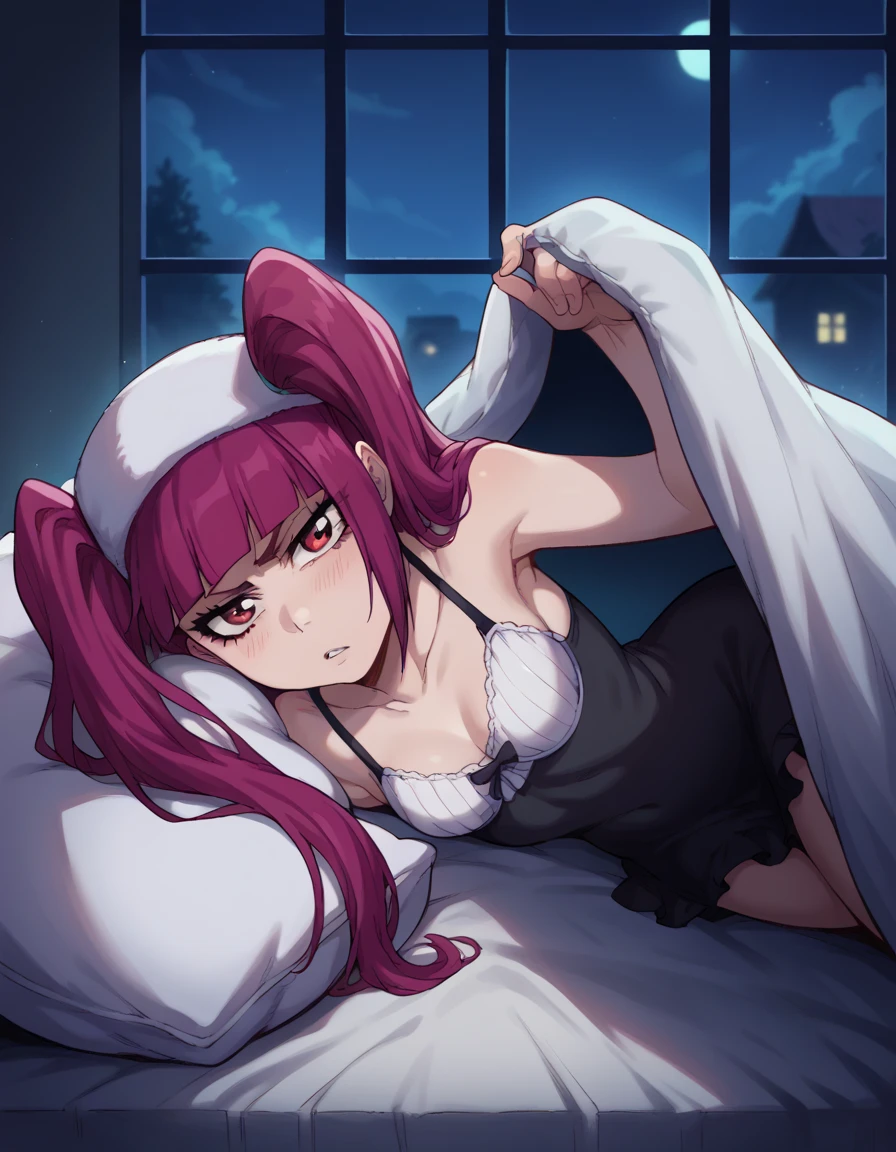 score_9, score_8_up, score_7_up, source_anime, riruka dokugamine, long hair, twintails, red eyes, purple hair, bangs, blunt bangs, small breasts,       skinny, petite body, cleavage, looking at viewer, bed invitation, on bed, on side, pillow, under covers, dimly light, nightgown, night, windows, bedrrom,  blush, 