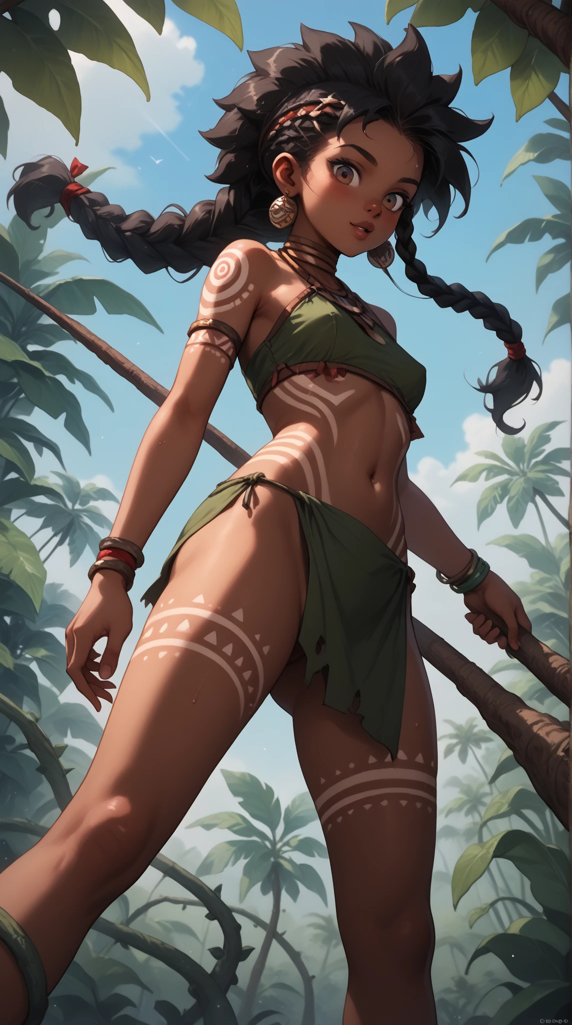 from below , in the jungle ,  pov into a hole in the ground, outside the trap is a strong young women, hunter,  black skin , black hair , long braid, with a spear , wearing primitiv clothes made of vines and leaf, barely covering, tribepaint, red_bodypaint