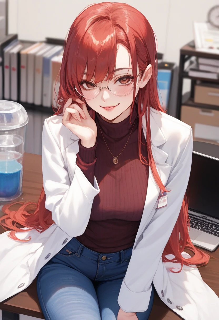 (adult woman), Blush,  fair skin , lab coat, sweater shirt,  jeans,  long red hair , ( brown eyes ), (naughty face),  pretty face, chest, Sensual, Mais alta qualidade,sitting pose, (Bottom: On the office table)